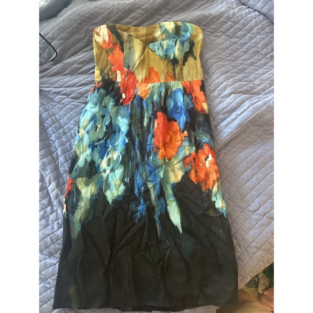 Moulinette‎ Soeurs  Black Blue Watercolor Floral Silk Strapless Dress Womens 4